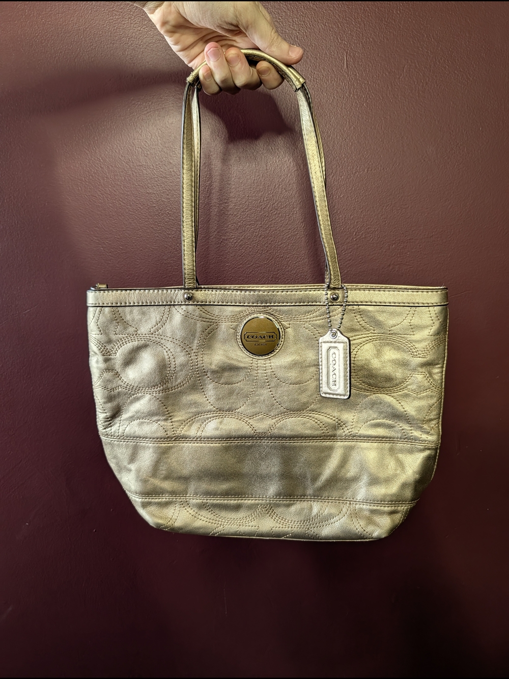 COACH Metallic Gold Signature C Monogram Logo Charm Tote Bag Handbag W/ COA